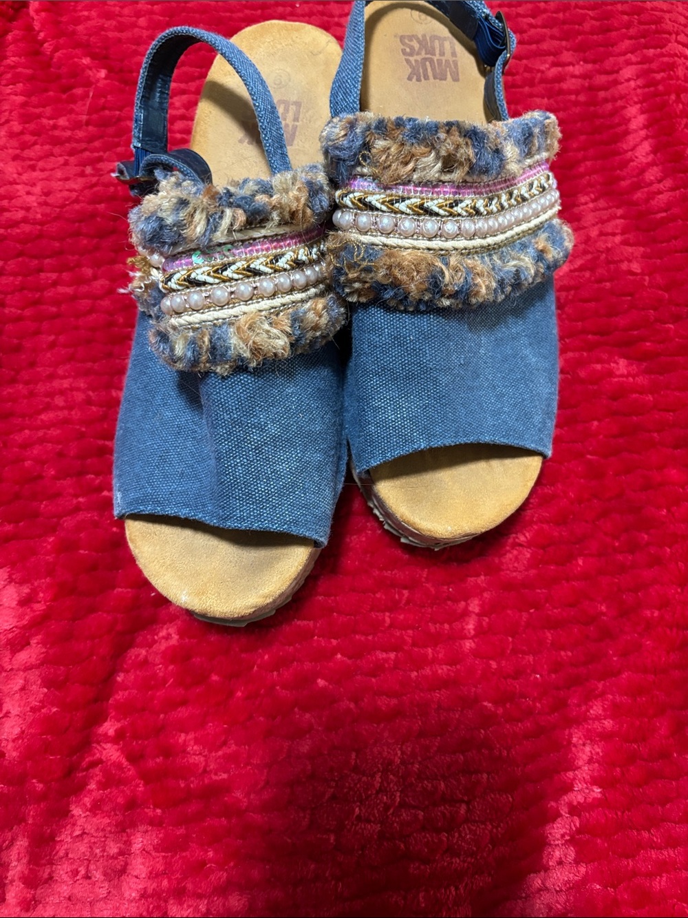 Muk Luks Blue Denim Embellished Wedge Sandals - Picture 1 of 7